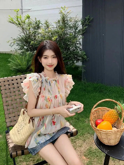 Y2k Print Chiffon Blouse Flying Sleeve Perspective Fairycore Pleated Shirts Summer Aesthetic Tops