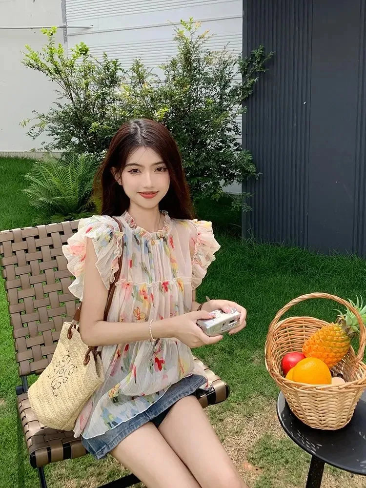 Y2k Print Chiffon Blouse Flying Sleeve Perspective Fairycore Pleated Shirts Summer Aesthetic Tops
