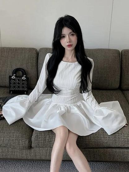 Y2k Sweet White Dresses Flare Long Sleeves Princess Ruffle Party Mini Dress Ball Gown Female Clothing New