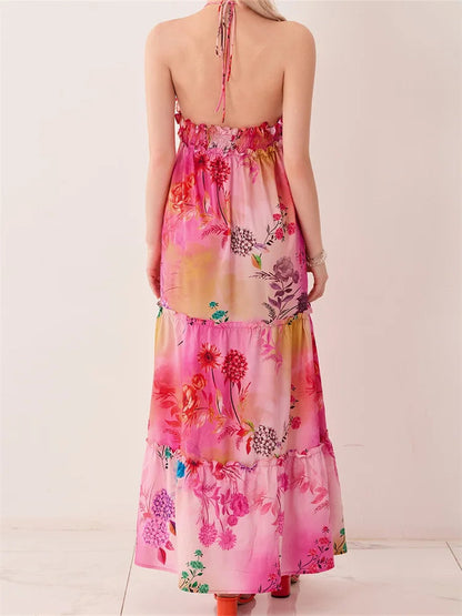 Retro Print Backless V-neck Midi Dress
