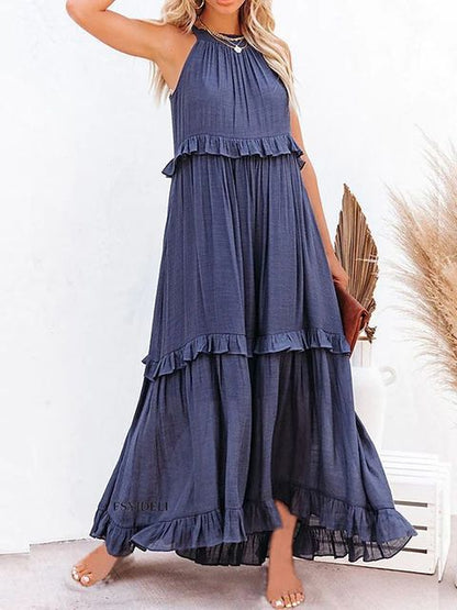 Summer Vacation Style Halter Neck Long Dresses Backless Leace-up Loose Ruffles Beach Dress Vestidos