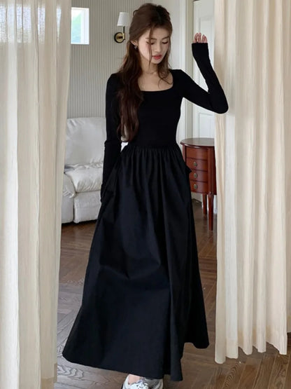 Knitted Midi Dresses for Long Sleeves Square Collar A-line Autumn New Dress Female Slim Vestidos