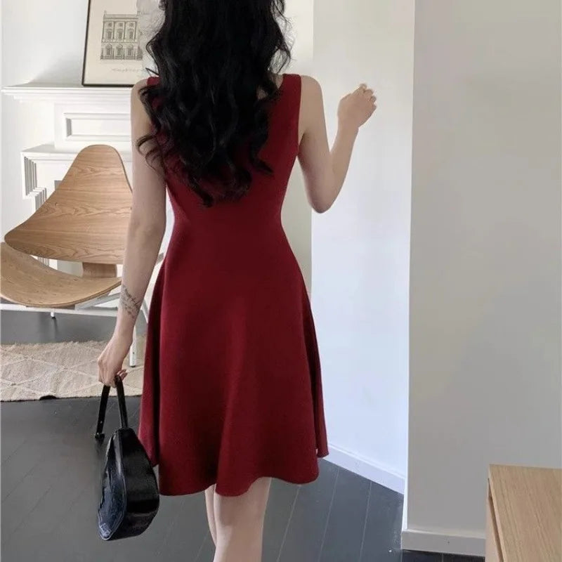 Knitted Aline Dresses Buttons Sleeveless Spring Summer Mini Dress Korean Sweet Vestidos Mujer