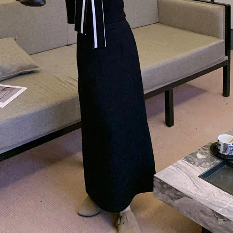 Autumn New Japanese Contrast Color Patchwork Laceup Long Sleeve Cardigan + Loose Knitted Aline Skirt Twopiece Suit