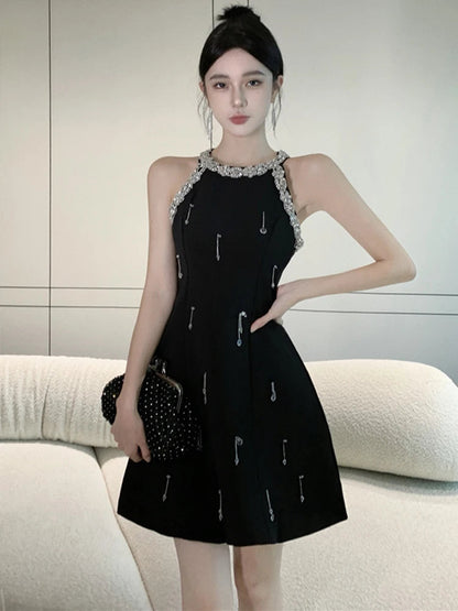Summer Mini Dress Black Oneck Shine Diamond Beading Slim Gown Femme Evening Party Banquet Runway