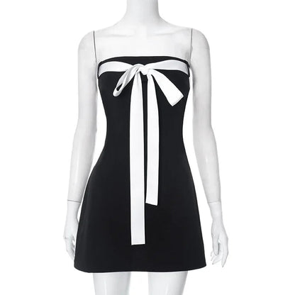 Bow Tie Tube Top Backless Mini Dresses for Y2k Black Dress Party Night Club Outfits
