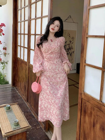 Long Sleeve Printed Midi Dress Woman Ol Dress Korean Autumn Beach Evening Party Dress Female