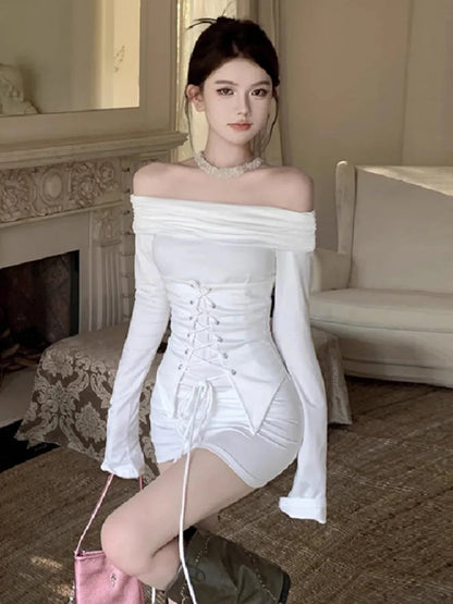 Mini Dresses Bandage Slash Neck Off Shoulder Long Sleeve Backless Slim Party Dress Clubwear