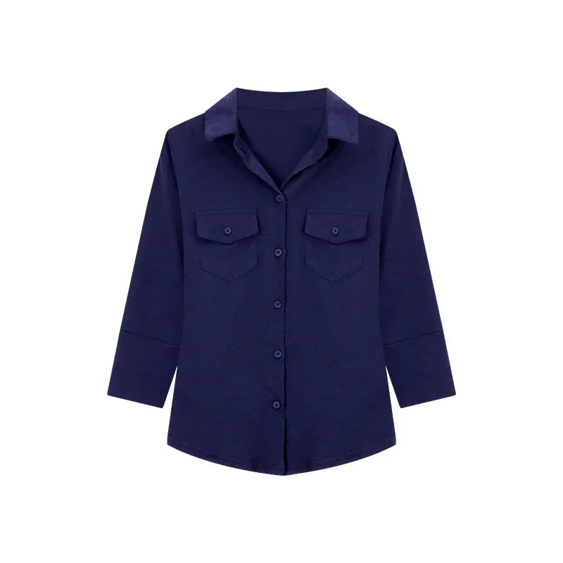 Navy Blue Three Quarter Shirt for Tops Button Up Slim White Blouse Female Autumn Black Clothes