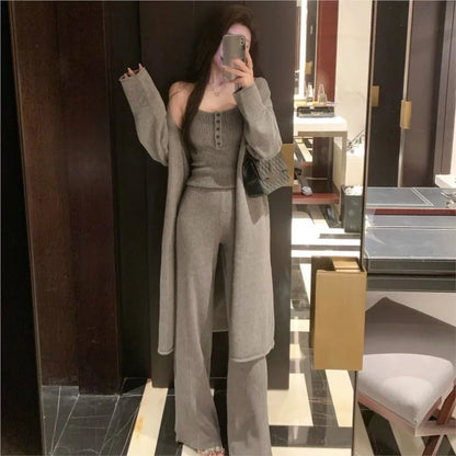 Autumn Winter New Knitted 3-piece Set Halter Vest Long Cardigan Long Pants Korean Female Outfits