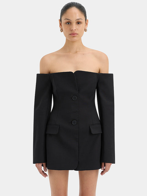 Off-shoulder Strapless Blazer Dress for Zipper Two Pocket Long Sleeve Backless Mini Dress