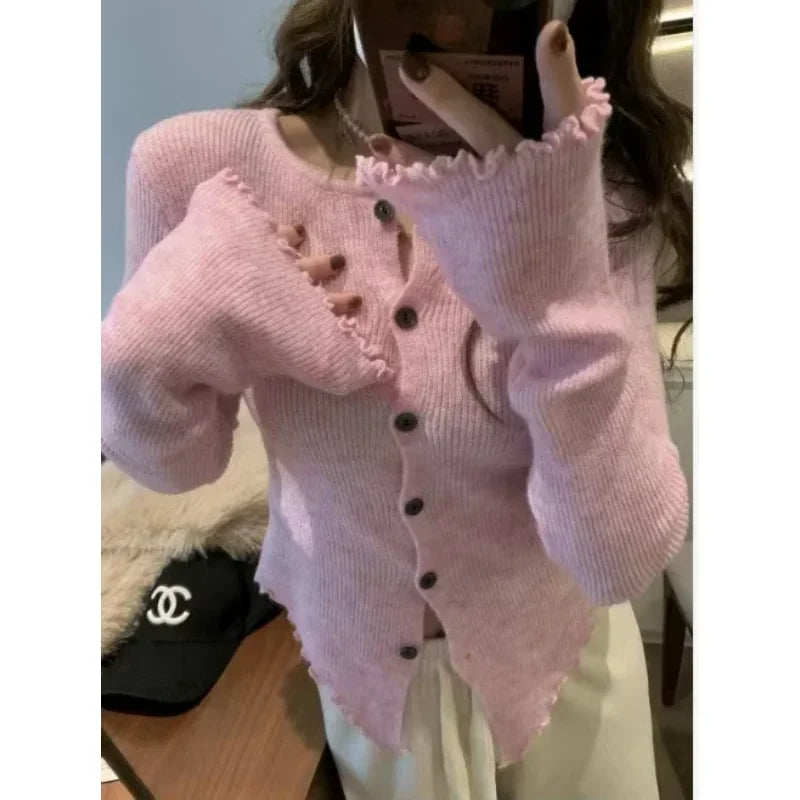 Autumn Hotsweet Long Sleeve Single Breasted Cardigans Gyaru Color Knitting O-neck Sweater