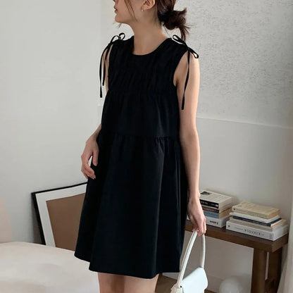 High Street Laceup Pleated Loose Tank Dress Summer New Korean Oneck Color Sleeveless Mini Dress