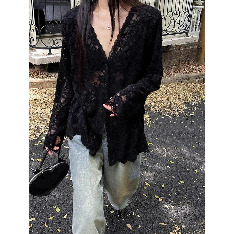 Y2k Lace Sheer Black Shirts Hollow Out White Blouses Korean Aesthetic Long Sleeve Sun Protection Tops