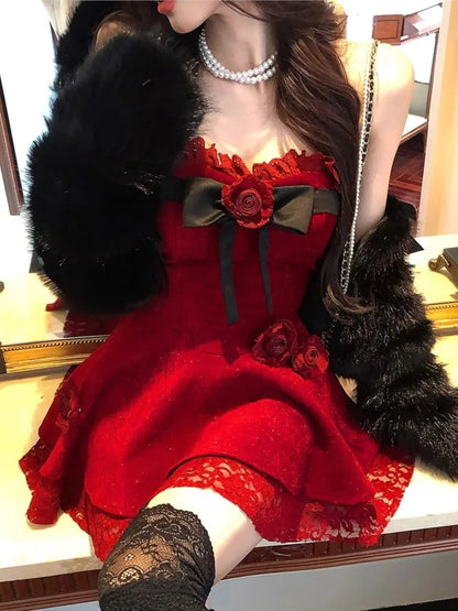 Y2k Sweet Mini Dress for Strapless Slash Neck Lace Patchwork Princess Party Dresses French Short Vestidos