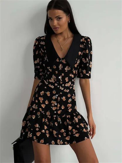 Printed Ruffled V-neck Mini Dress Female Short Sleeve Slim High Waist Party Dress ’s Summer Dress New