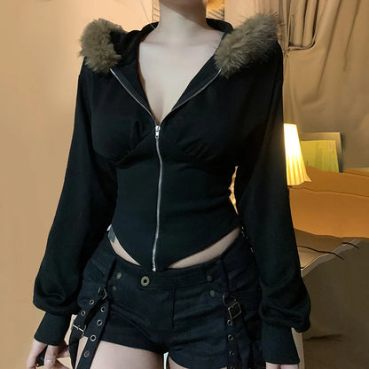Y2k Fur Trim Hoodie Cardigan Basic Black Slim Cropped Jacket 90s Winter Zipper Coat Harajuku