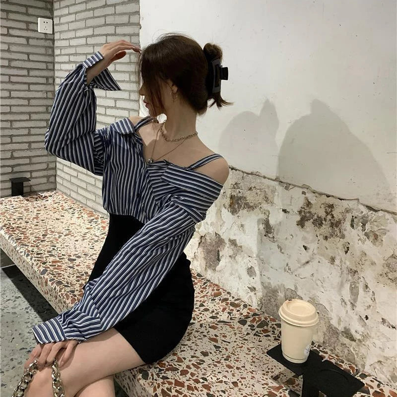 Slash Neck Mini Dress Korean Striped Patchwork Hip Wrap Dresses Long Sleeve Bodycon Design Vestidos New