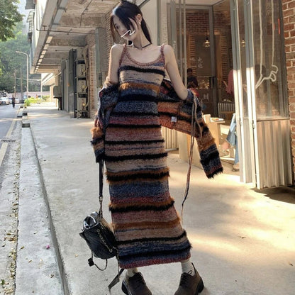 Striped Knitted Two Piece Sets Sweet Bow Lace Up Long Sleeve Cardigan Coat+ Autumn Winter New Slim Fit Bodycon Strap Dresses