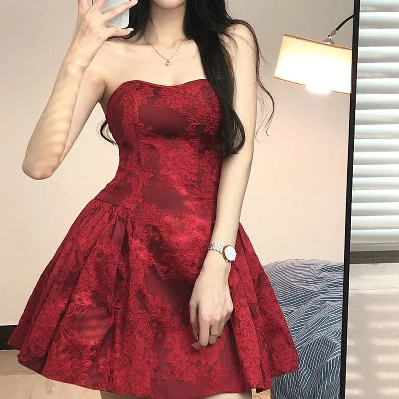 Y2k Red Dresses Aline Sleeveless Mini Dress Korean High Waist Vestidos Mujer