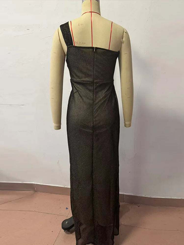 Sequin Single Shoulder Long Dress Glitter Pleated Sleeveless Tube Dresses Female Spring Evening Holiday