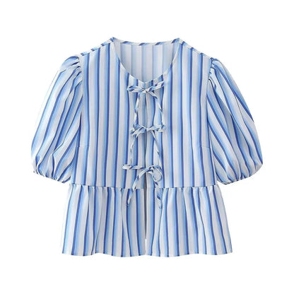 Summer Woman Bow Tied Lace Up Shirts Puff Short Sleeves Blouse Oneck Ruffle Color Tops