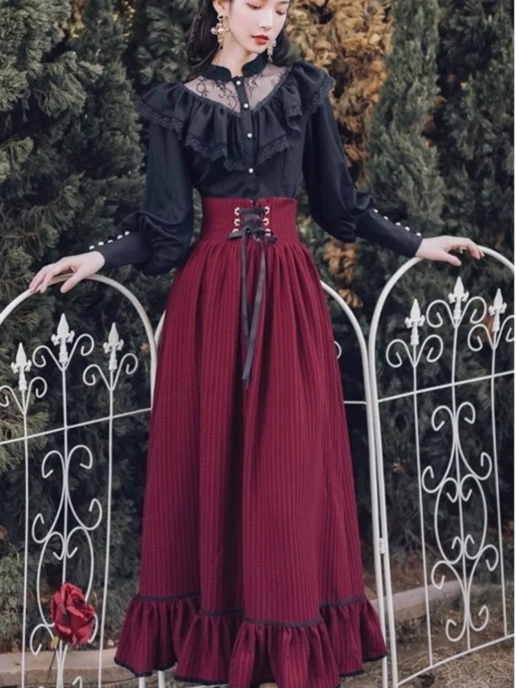 Gothic Two-piece Skirt Sets Black Lace Ruffle Blouse Lace-up Midi Skirt Autumn New Court Retro Suits Y2k Outfits