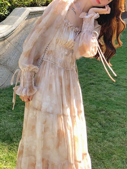 French Style Midi Dress Aline Chiffon Party Birthday Clothes Female Vestidos Spring