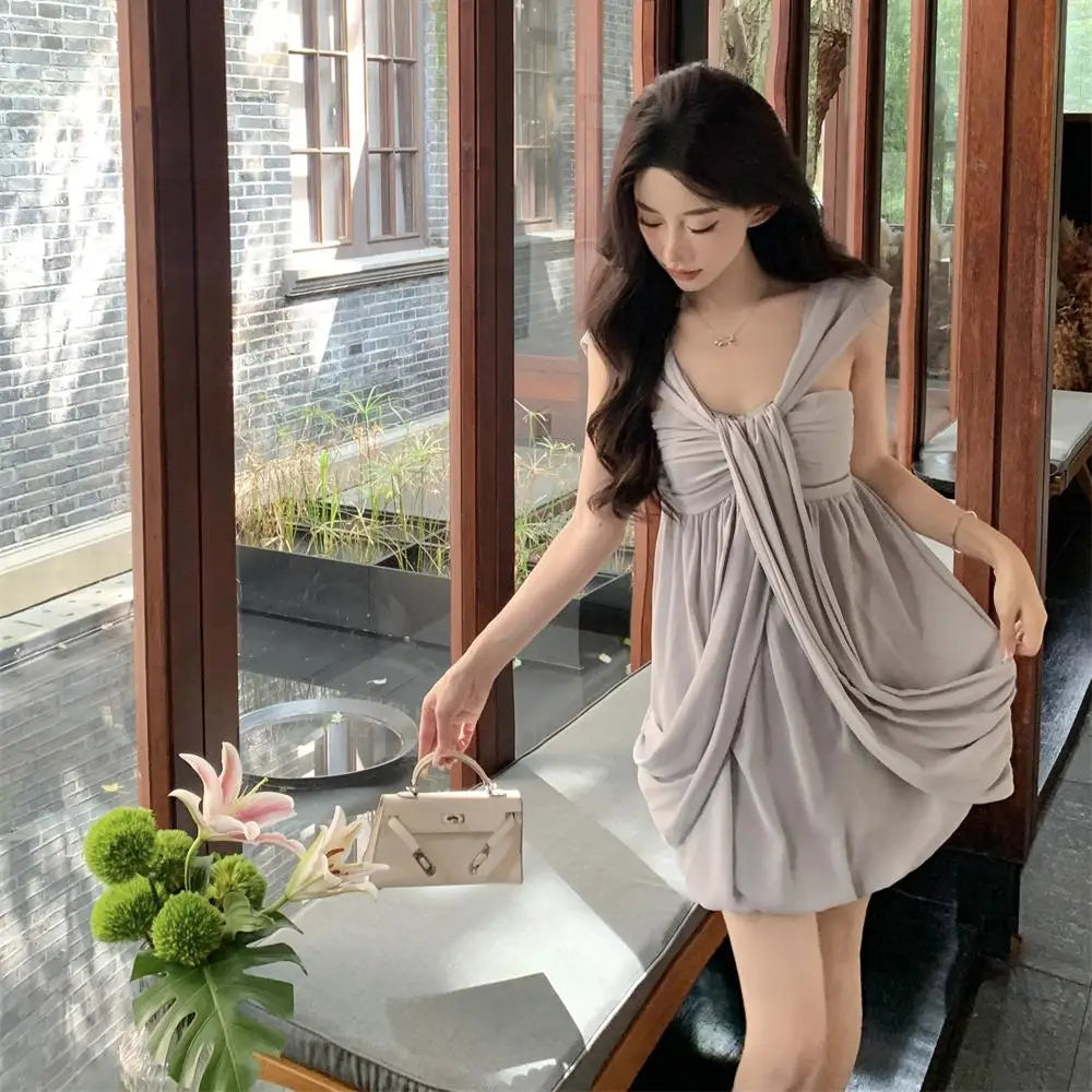 Summer New Gray High Waist Vacation Backless Slip Mini Dress Club Sleeveless Pleated Short Dress Trend