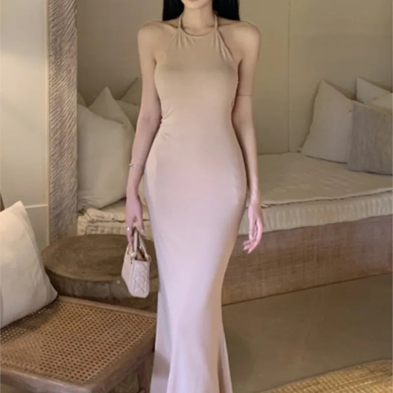 New Slim Sleeveless Midi Dresses Halterneck Backless Birthday Party Bodycon Dress