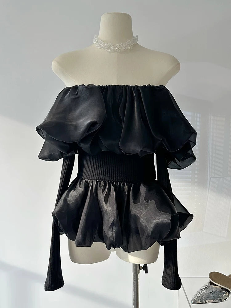 Sweet Chiffon Blouses Hot Slash Neck Thin Shirring Crop Top Office Lady Simple Daily Shirts Ins Y2k Design New Trend