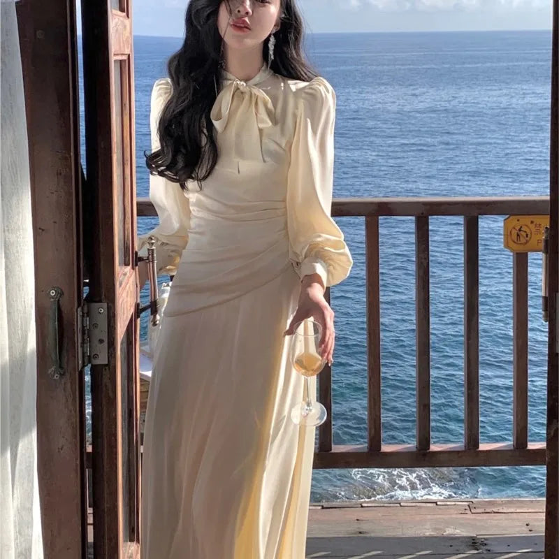 Stain Midi Dresses for Long Sleeve Oneck Bow Tie Aline Korean Vestidos Folded Design Party Prom
