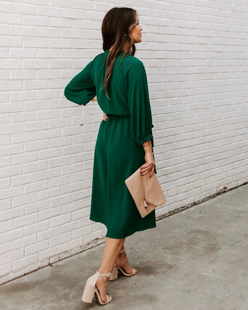 Office Dress Formal Loose Green Long Sleeve Belt A-line Midi Dresses