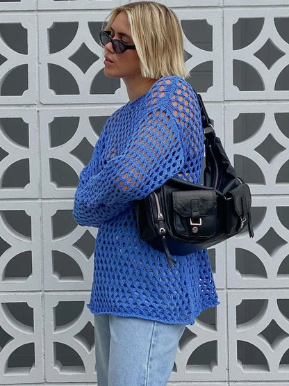 Hollow Out Knit Cover Up Dress for See-through Loose Beach Holiday Mini Dress Summer Splice Knitwear Cover Up