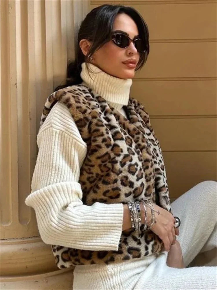 Leopard Printed V-neck Vestidos Coat Female Contrast Printed Cropped Top Loose Autumn Commute Outwear Cardigan