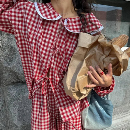 Red Plaid Wide Leg Pants Sets Long Sleeve Lace-up Blouse+elastic Waist Trouser Lace Trim 2 Piece Set New