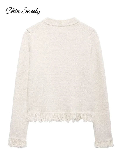 Tassel Knit Skirt Set Bow Buckle O-neck Long Sleeve Cardigan Sweater Mini Skirts Suit New in Matching Outfit