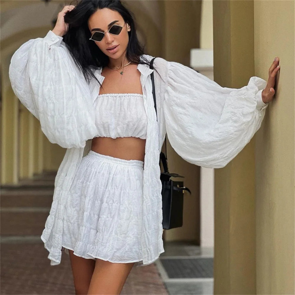 White 3 Piece Sets Summer Lantern Long Sleeve Cardigan Tops Shorts Suits Lady Spring Soft Three Piece Outfit