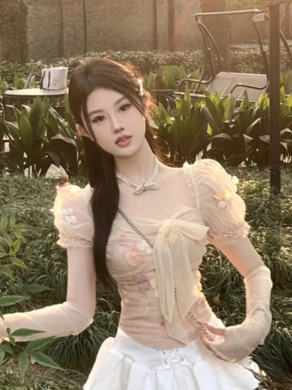 Shirts Flowers Lace Patchwork Bandage Suqare Collar Slim Short Sleeve Sweet Blouse Sweet Crop Tops