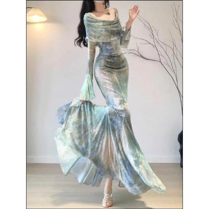 Evening Party Midi Dress Summer Long Sleeve Slash Neck Dress One Piece Dress Korean