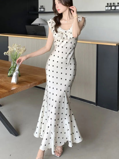 Bodycon Dot Midi Dresses for Ruffles V-neck Sleeveless Slim Mermaid Evening Party Dress Prom Robe Vestidos Mujer