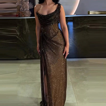 Sequin Asymmetric Off Shoulder Maxi Dress