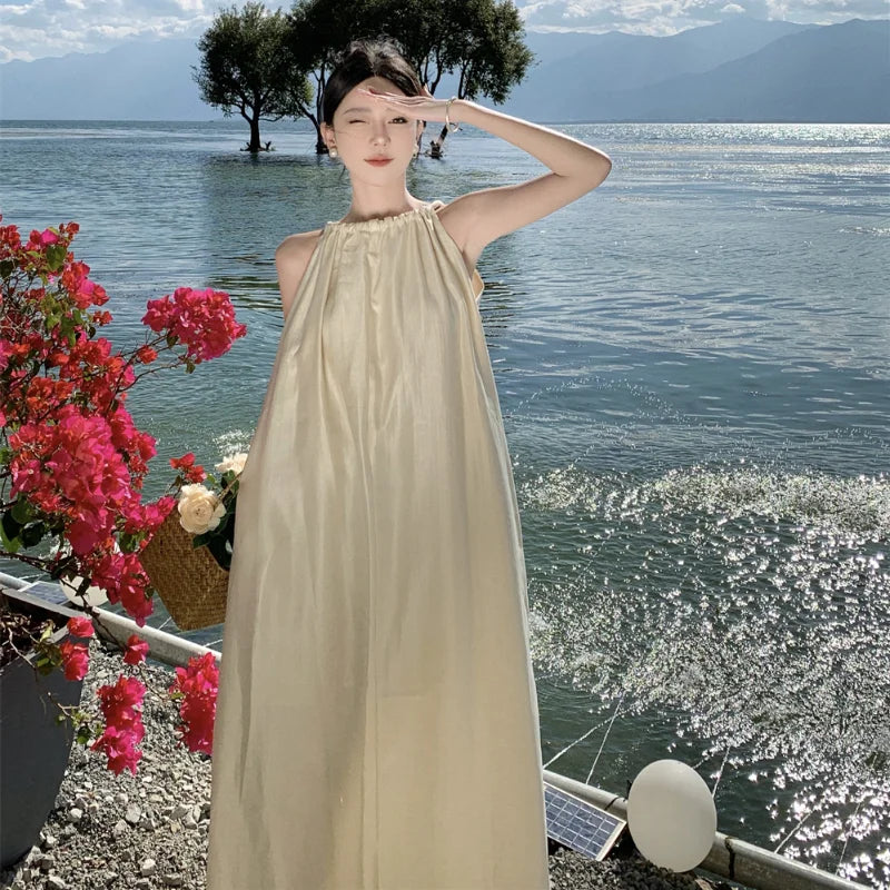 Apricot Hanging Neck Round Neck Sleeveless Pleated Long Dress Summer Temperament Loose Halter Dress