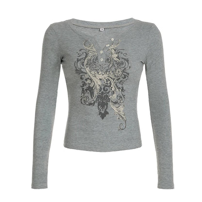 Retro Flower Print Button V-neck ��s Top Long Sleeve Y2k Basic All-match Slim S New Blouse