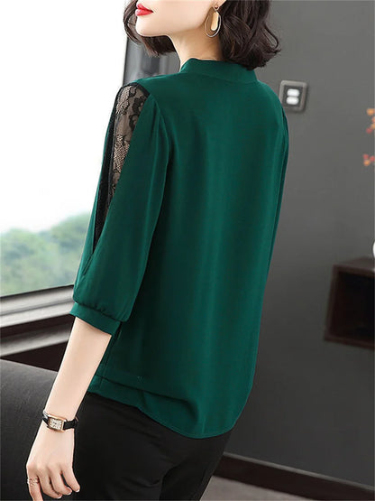 Spring Summer Style Blouses Tops Lady Bow Tie Colloar Half Lace Sleeve Loose Blusas Tops Df4275