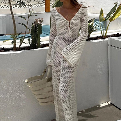 Beach Style Knitted Hollow Out Long Dress Crochet Flare Sleeve Low Cut V Neck Backless Dress Club Party Vestidos