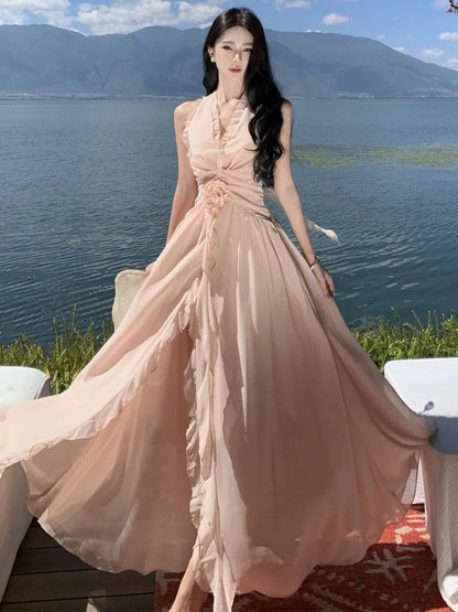 Summer New Ruffles A-line Long Dresses for Halter Backless Holiday Seaside Party Dress Korean One Piece Vestido