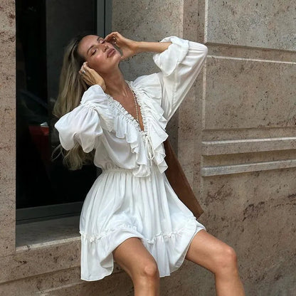 New Ruffles White Mini Dress Spring Summer Deep Vneck Flare Sleeve Waist Drawstring Vestidos Dresses