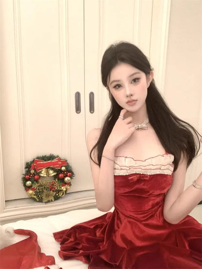 Dresses Sleeveless Velvet Patchwork Bow Ruffles Slim Backless Mini Dress Party Female