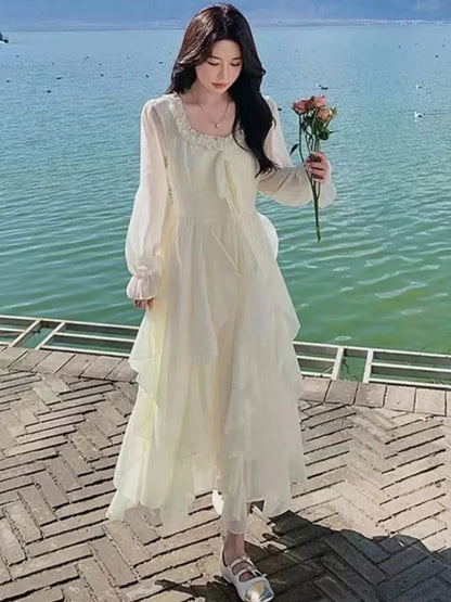 Irregular Ruffles Long Dress New Autumn Square Collar Beach Vocation Korean Female Vestidos New
